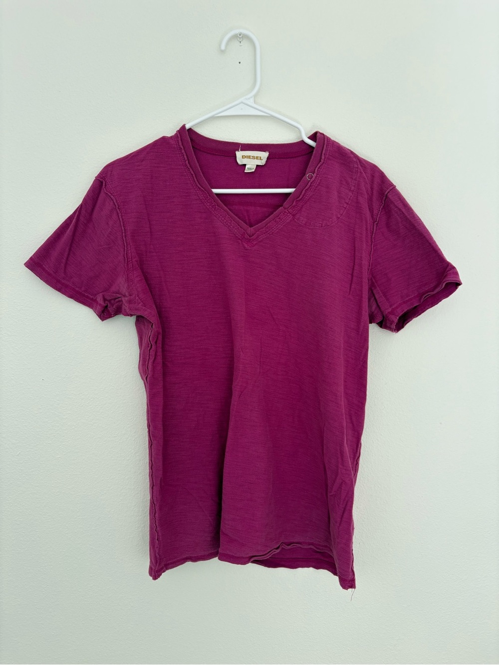 Diesel 100% Cotton V-Neck Short Sleeve Shirt Magenta Women’s Large